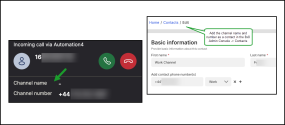 Call UI missing channel name, and company contact setup form showing how to fix it through the 8x8 Admin Console