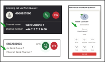 UI showing incoming call alert and in-call view with clear channel name and number for identification