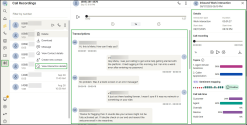 8x8 Work app showing a recorded call with playback controls, transcript of the conversation, and call analytics including sentiment, talk time, and silence percentage