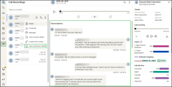 The Call Recordings screen displaying transcript, playback controls, and the side panel with topics and sentiment mapping