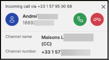 Incoming call banner showing caller info plus channel name and number for clearer identification