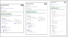Side-by-side 8x8 Meeting Settings screens for Public, Private, and Large Meetings, highlighting differences in moderation controls, recording options, and participant management features