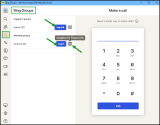 8x8 Work Ring Groups screen showing logged-in and available ring groups with options to log in/log out and open analytics. A dial pad appears on the right for outbound calls