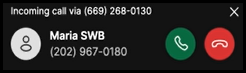 Silence an incoming call and dismiss the incoming call banner by clicking the X button