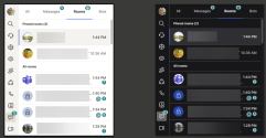 Side-by-side comparison of light and dark themes showing updated badge colors that improve visibility of unread activity in Rooms and Conversations