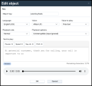 IVR Say node: Edit a statuc Say object by configuring language, voice, free text message for Value to play; play and review the message using the built-in audio player before saving changes 