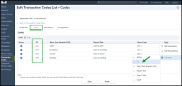 Codes tab - The ID column displays a unique ID for each transaction code in the selected list