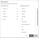 8x8 Admin Console Users list: Customize the visible fields in the Users list using the Edit columns window