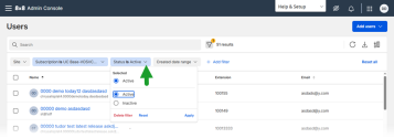 8x8 Admin Console Users list: Select a filter operator and enter filter criteria.