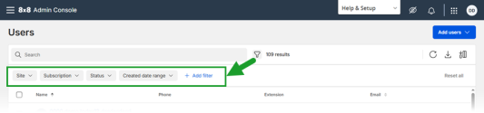 8x8 Admin Console Users list: The Filter bar displays default filters for narrowing user records.