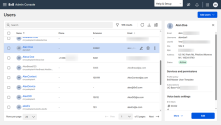 The 8x8 Admin Console Users list has a user-friendly interface with filters, search, sorting, column management, and options for editing, deleting, and pagination