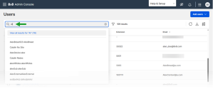  In the 8x8 Admin Console Users list, search results update instantly based on keywords like name, email, phone number, or extension.