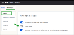 8x8 Admin Console Meetings Settings page showing Join before moderator options, with the Enable lobby toggle turned off and highlighted