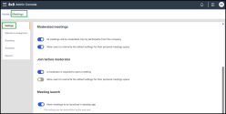 Admin Console showing options for moderation, start requirements, and meeting launch behavior