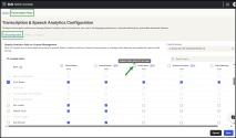 Speech Analytics License (CIQ) table showing the Transcriptions column header checkbox used to enable transcriptions for all users