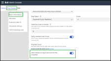 Screenshot of the 8x8 Admin Console showing the Ring Groups > Basic information page with a highlighted toggle labeled “Allow members to log in and out from this ring group”