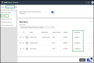 8x8 Admin Console Ring Groups > Members table showing a list of users with their phone numbers, extensions, voicemail status, and a highlighted column displaying each member’s login status