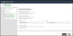 Screenshot of the 8x8 Admin Console showing the Ring Groups > Voicemail settings page with options to set external and internal greetings, choose notification preferences, enter a notification email, and reset the voicemail access PIN