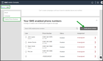 The SMS page showing the option to add and enable new phone numbers