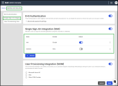 Identity and Security settings with Single Sign-On Integration enabled, allowing selection of multiple identity providers such as Microsoft Azure AD, Okta, Google, other SAML providers, and mTLS Authentication