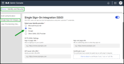 8x8 Admin Console Single Sign-On Integration (SSO) page showing Okta selected as the identity provider, with input fields for SAML settings including sign-in URL, sign-out URL, and certificate upload