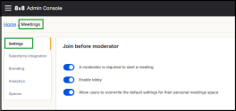 8x8 Admin Console Meetings Settings page showing Join before moderator options, including toggles for requiring a moderator to start a meeting, enabling lobby, and allowing users to override default meeting settings
