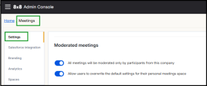 Meetings Settings page showing Moderated meetings options with toggles enabled to restrict moderation to company participants and allow users to override default meeting settings