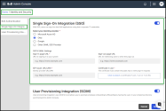 8x8 Admin Console Single Sign-On Integration (SSO) page showing identity provider options like Azure AD, Okta, and Google, with fields for SAML settings and certificate upload