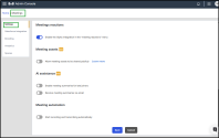 Admin Console Meetings Settings with reactions, AI assistance, and automation options