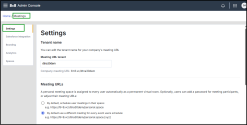8x8 Admin Console Meetings Settings showing tenant name and meeting URL behavior options