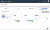 8x8 Admin Console Company page showing the Contact Centers tab, displaying available X Series X8 licenses and a VCC tenant linked to a specific PBX.
