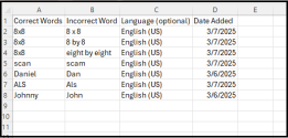  Custom Dictionary: CSV file displaying custom dictionary entries 