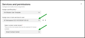 Select contact center tenant while setting up user's services and permissions 