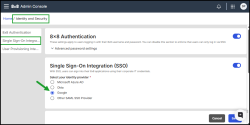 8x8 Admin Console Single Sign-On Integration (SSO) page showing Google selected as the identity provider under the Identity and Security settings