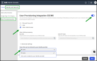 8x8 Admin Console User Provisioning Integration (SCIM) page showing configuration options for Azure AD, Okta, or other SCIM providers, with fields for 8x8 URL, API token, and advanced user retrieval settings