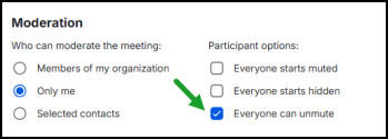 Screenshot of Meeting Settings showing participant behavior options, including checkboxes for starting everyone muted, starting everyone hidden, and allowing participants to unmute themselves