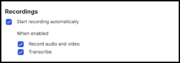 Meeting Settings screenshot showing options to start recording automatically, record audio and video, and enable transcription