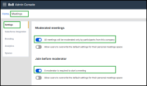  8x8 Admin Console: Meetings Settings screen showing moderation and authentication controls in the 8x8 Admin Console