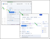 Google Calendar event creation screen with 8x8 meeting added and meeting settings link highlighted for pre-meeting configuration