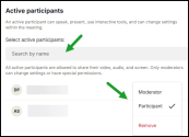 8x8 Large Meeting settings screen showing selected active participants with role options dropdown including Moderator, Participant, and Remove