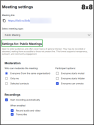 8x8 Meeting Settings for Public Meetings with options for moderator control and automatic recording with transcription