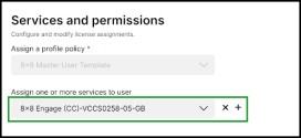 8x8 Admin Console - Services and permissions section shows a profile policy dropdown and a selected service “8x8 Engage (CC)-VCCS0258-05-GB” with options to remove or add additional services