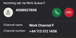 Incoming call view showing the identified channel name and number for quick agent reference.